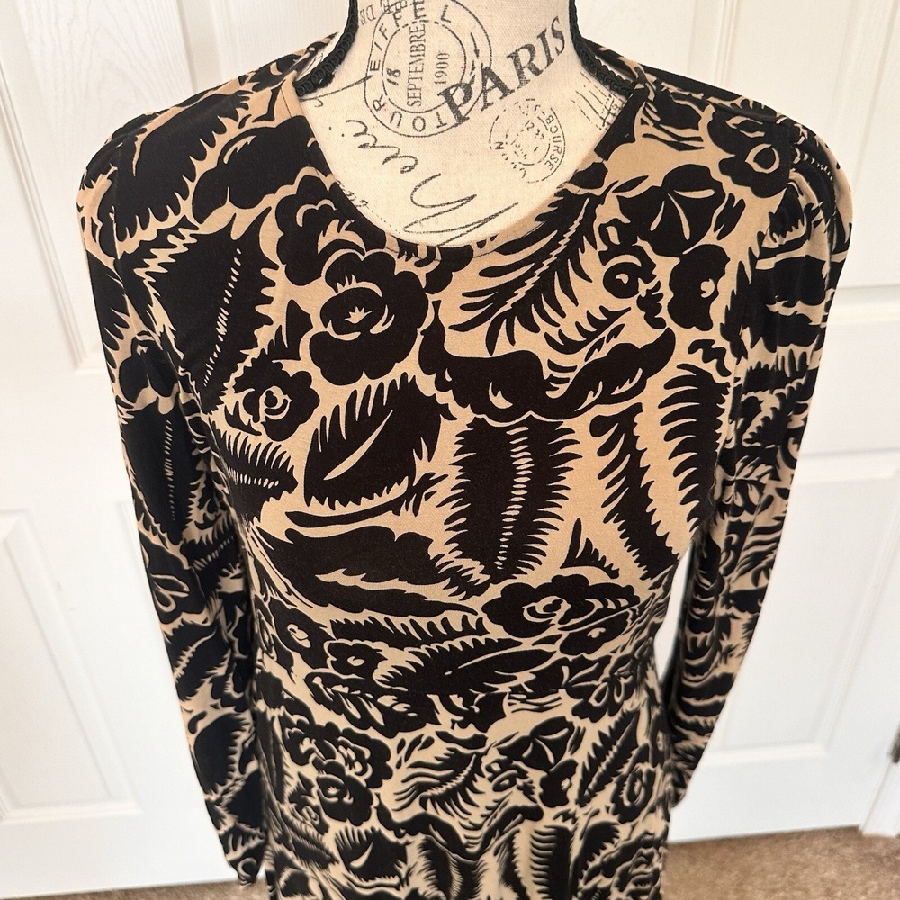 BODEN Crew Neck Jersey Knit Midi Dress Floral Abstract Garden Black Tan Size 8 P - Picture 7 of 16